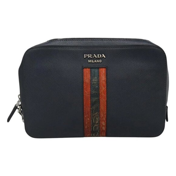 PRADA Clutch Bag Safiano leather Navy Silver Auth BD1408 - Picture 2 of 16